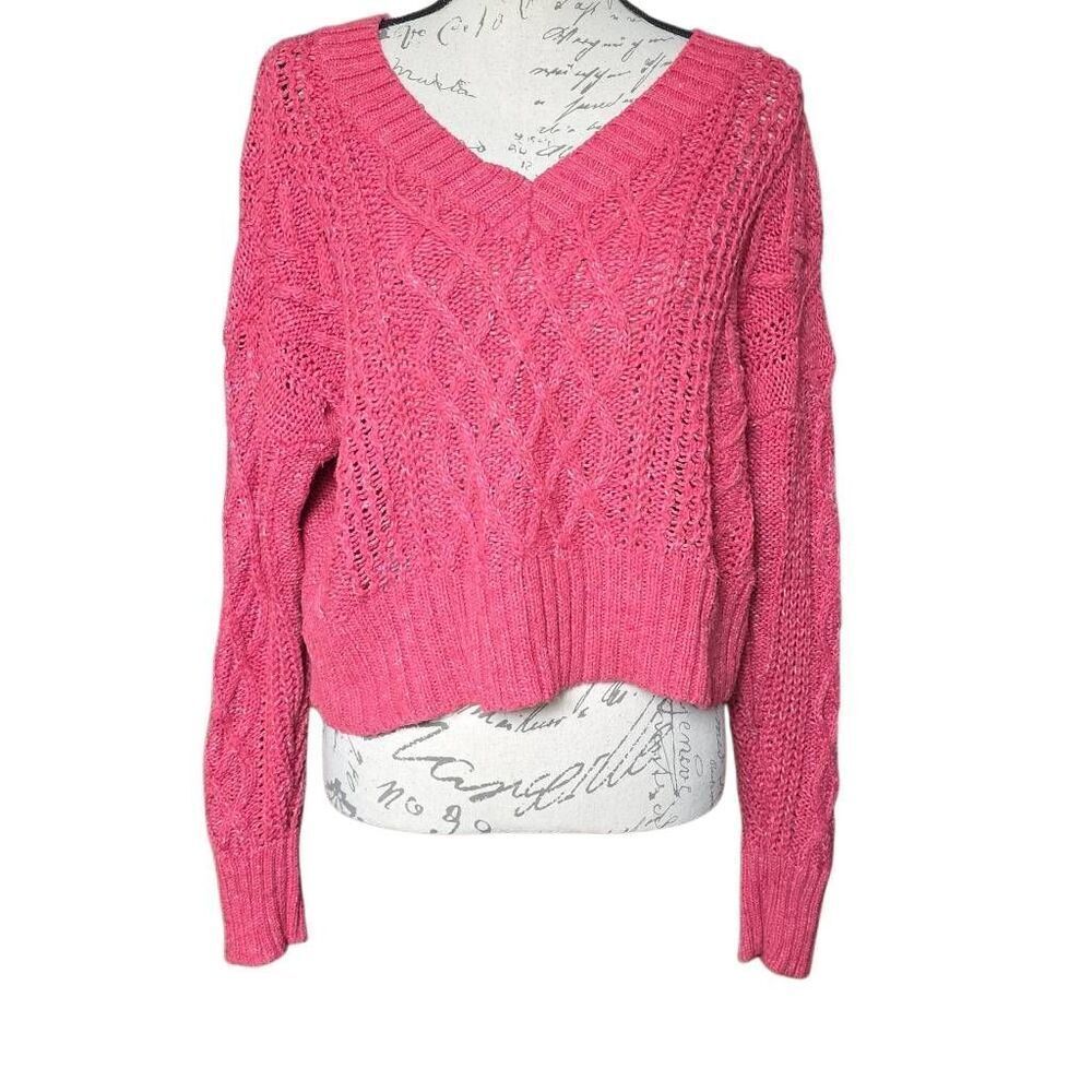 American Eagle Women's Size Large Pink Cable Knit Cropped Sweater